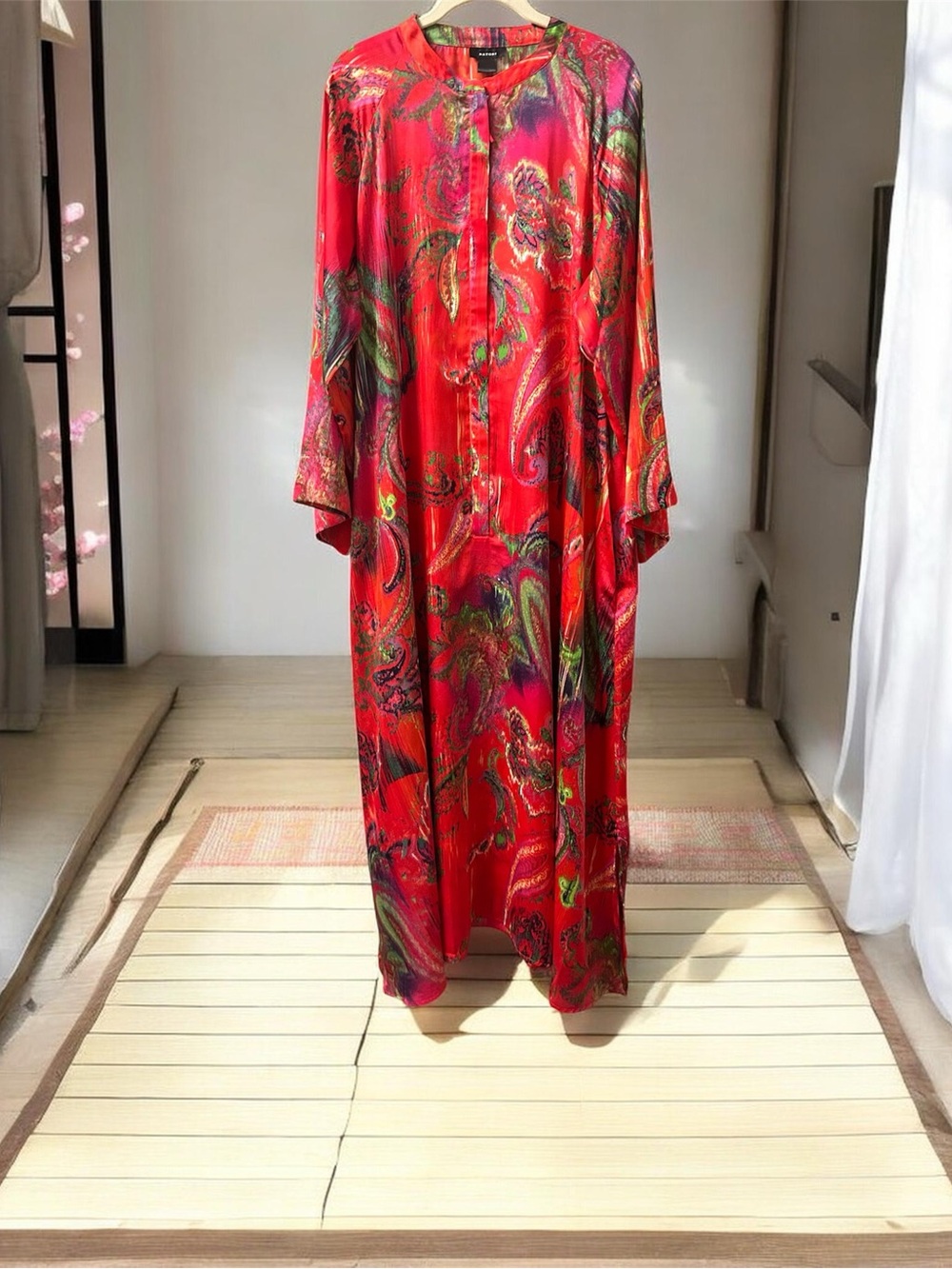 Natori Mandarin Red Floral Paisley Half Zip Caftan Lounge Robe XXL